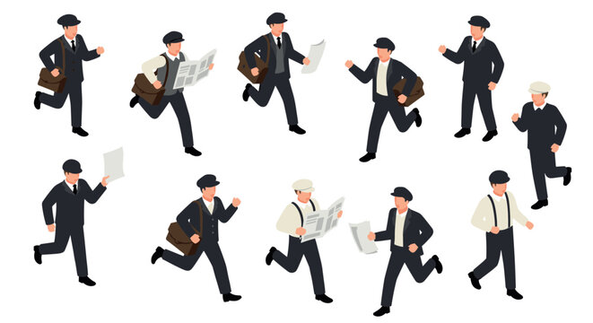Retro newspaper delivery characters in isometric flat style