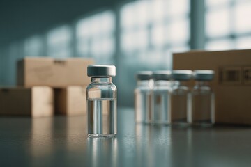 Sterile clinical vials and boxes in a medical laboratory scientific environment close-up view of pharmaceuticals