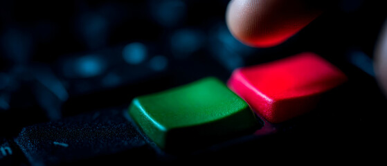 A close-up of a finger pressing a red button on a keyboard, with a green button nearby, set against a dark background.