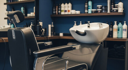 A modern barber shop interior with a comfortable chair and a sink, ready for the next customer in a stylish and professional setting