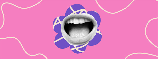 Screaming rockstar pop art with vintage punk mouth and retro poster background. This abstract vector illustration features dramatic eye and tongue elements for bold rock aesthetics