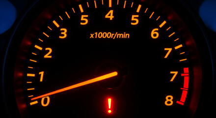 Illuminated tachometer showing high rpm, indicating speed and performance, set against a dark background, capturing the essence of automotive power