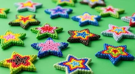 Colorful beaded star ornaments on green background, creating a festive and whimsical holiday decoration with intricate handmade details