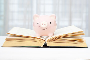 A pink piggy bank is placed on a book and beautiful blurred background. Concept of saving for education.