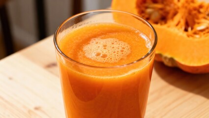 Refreshing glass of vibrant orange vegetable juice sits beside a cut squash on a wooden surface