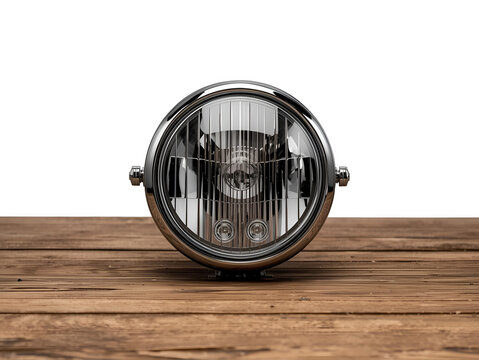 A close-up of a vintage motorcycle headlight placed on a wooden table, showcasing chrome details and classic design for retro automotive concept