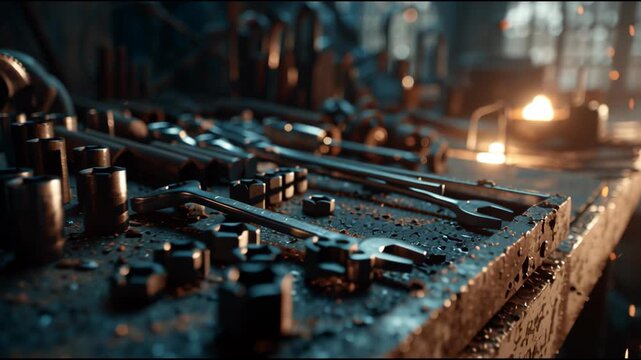 Workshop Tools: An evocative close-up shot of a well-worn workbench, showcasing an array of essential tools, each bearing the marks of skilled craftsmanship and hard work.