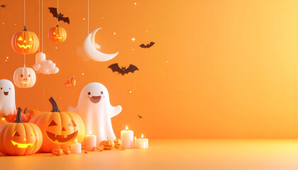 Cute Halloween scene with smiling ghost, pumpkins, and candles on orange background. Bats and stars add whimsical touch