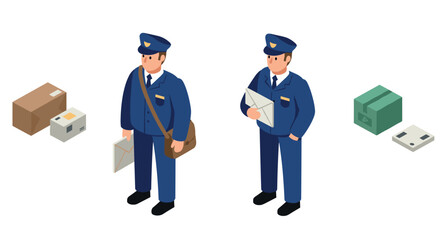 Isometric postal workers with packages and envelopes on white background