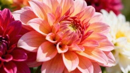 Obraz premium Vibrant dahlia blossoms display intricate layers of warm, contrasting colors in a close up view