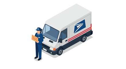Delivery service with postal worker and van in isometric style