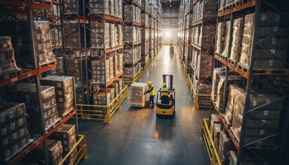 High-angle shot of a modern distribution warehouse with workers operating a forklift to move pallets between tall shelves.
