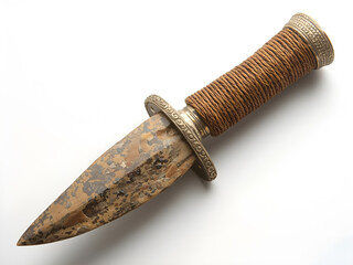 Vintage Wooden Handle Dagger with Ornamental Blade on White Background