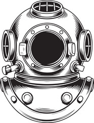 Vintage Diving Helmet Heavy Gear Underwater Equipment Sea Ocean Exploration Illustration
