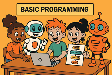 Diverse children and robots learning basic programming and coding together