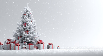 Frosted Christmas tree with ornaments, gift boxes on wooden floor, white brick wall background; festive holiday celebration concept.