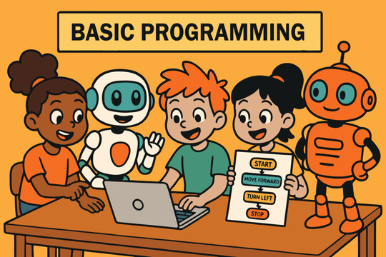 Diverse children and robots learning basic programming and coding together