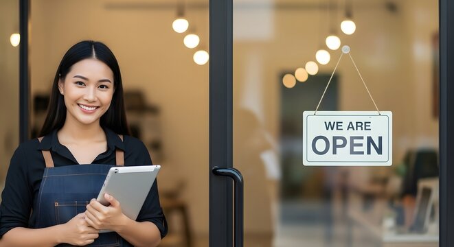 Happy Small Business Owner Welcoming Customers: Entrepreneurship, Open Sign, and Retail Service
