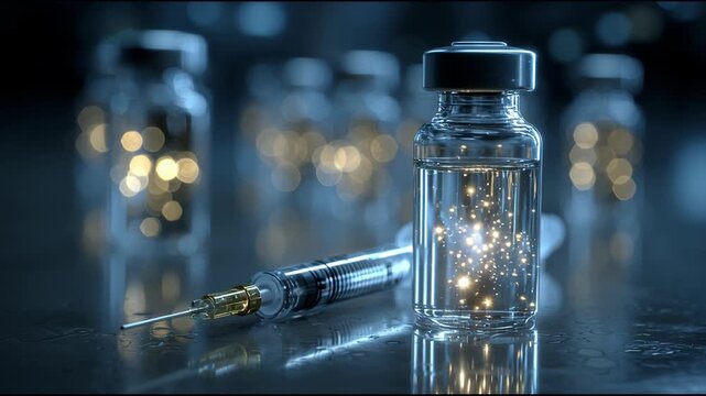 Innovation in a Vial: Capturing a close-up perspective of vials and a syringe against a sleek, modern background, evoking a sense of scientific advancement.