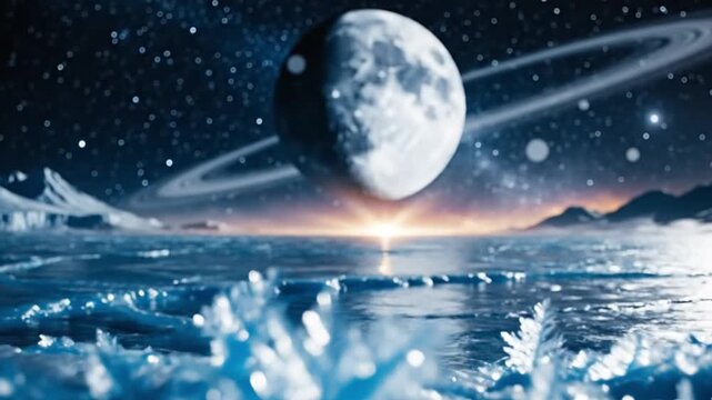 Mysterious blue alien planet landscape under stars and night sky with icy foreground, rising glow and distant rings evoking wonder and calm