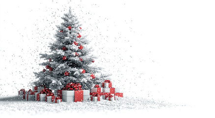 Frosted Christmas tree with ornaments, gift boxes on wooden floor, white brick wall background; festive holiday celebration concept.