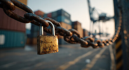 Rusty padlock securing a heavy chain in a container port;The concept of tariff policy and cross-border logistics
