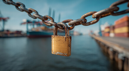 Rusty padlock securing a heavy chain in a container port;The concept of tariff policy and cross-border logistics