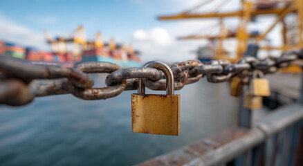 Rusty padlock securing a heavy chain in a container port;The concept of tariff policy and cross-border logistics