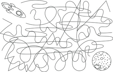Maze or Labyrinth Game for Preschool Children with space ship. Vector outline illustration for worksheets or activity books for kids.