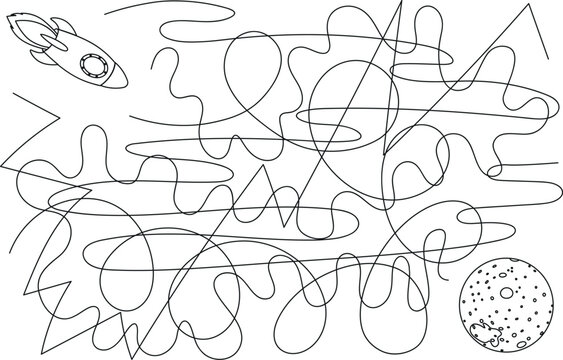 Maze or Labyrinth Game for Preschool Children with space ship. Vector outline illustration for worksheets or activity books for kids.