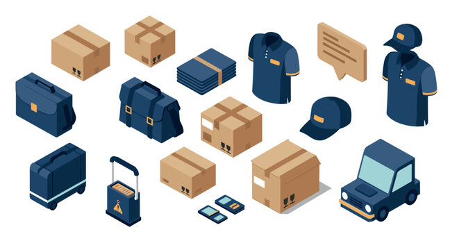 Isometric delivery and logistics elements packaging, uniforms, and vehicles in blue and brown tone