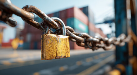 Rusty padlock securing a heavy chain in a container port;The concept of tariff policy and cross-border logistics