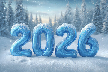 Happy New Year 2026 : Festive Blue Number Balloons in a Snowy Winter Wonderland Forest