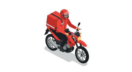 Isometric delivery rider on red motorcycle with parcel box for urban logistics concept