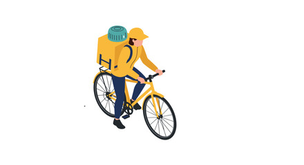 Naklejka premium Isometric courier bicyclist in motion with yellow delivery backpack