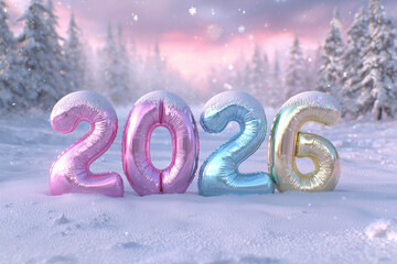 Happy New Year 2026 : Festive Pastel Number Balloons in a Snowy Winter Wonderland Forest