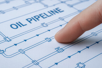 Finger pointing at oil pipeline blueprint showing valve and flow direction, technical plan conveying industrial engineering focus and careful inspection