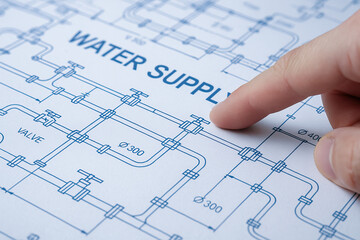 Finger pointing at water supply blueprint plan showing pipeline layout, valve symbols, diameter notes and technical drawing details with calm inspection focus