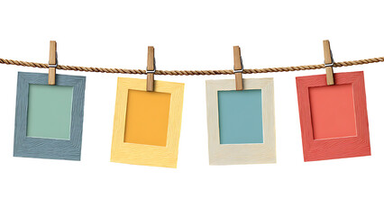 Four blank photo frames hanging on a small clothesline on transparent background PNG