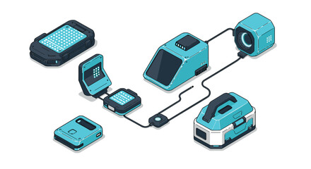 Futuristic tech gadgets connected in isometric design layout