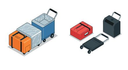 Modern isometric luggage set with trolley and suitcase designs on white background
