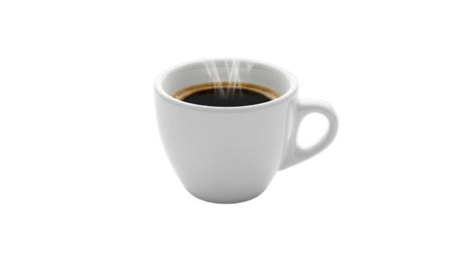 A steaming hot cup of black coffee isolated on a transparent background for morning energy and beverage concepts