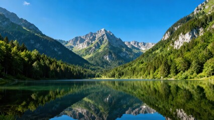 Fototapeta premium Serene mountain lake perfectly mirrors rugged peaks and dense forests under a clear blue sky