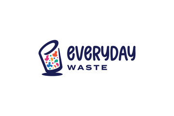 Logo design featuring a tilted trash can filled with colorful waste accompanied by the text everyday waste.