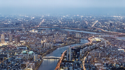 Birdview from the The Sakura Skytree tower in Tokyo Japan during twilight. One of World's tallest...