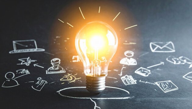 Conceptual image of a lightbulb representing innovation and teamwork on black chalkboard