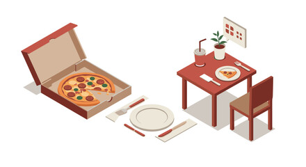 Isometric pizza scene with dining table and takeout box in modern style