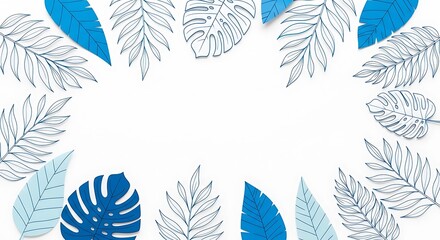 Blue and white leaf frame isolated on white background for summer design