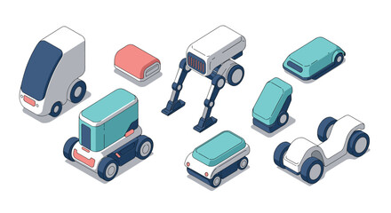 Futuristic autonomous vehicles collection in isometric style with soft colors and modern design