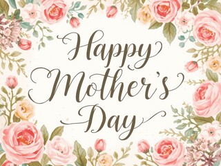 Happy mothers day floral greeting card with soft pink roses and greenery